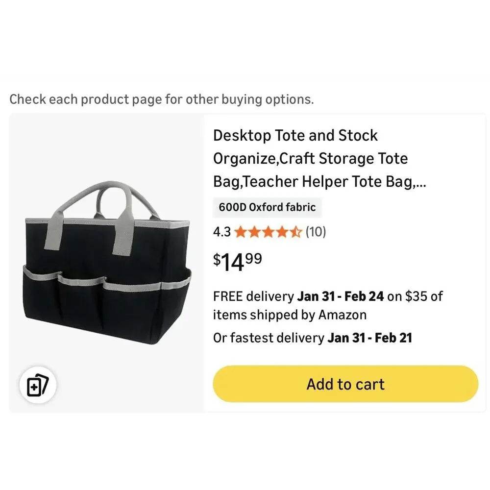 (4004)Black Gray Fabric Desktop Tote Organizer, 3 Compartments, Handles, 14x10x8